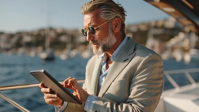 Sophisticated Moments on the Yacht: A distinguished individual, enveloped by the ambiance of a luxurious yacht, absorbed in his tablet with sea view, captured in sharp, realistic details.