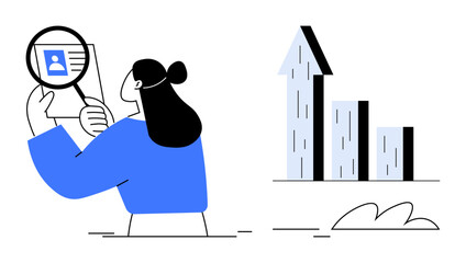 Woman holding a magnifying glass over a profile icon inspecting data. Next to her is a rising bar graph symbolizing growth or progress. Ideal for recruitment, HR, analytics, research, performance