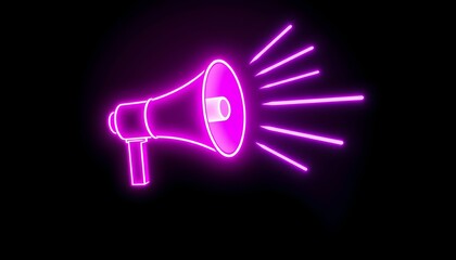 A vibrant, neon-pink megaphone icon, radiating outward, against a black background.