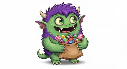 Fototapeta premium Cute monster holding bag of candies