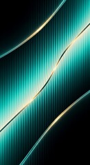 Abstract teal and gold ribbons flowing over textured vertical stripes background