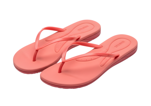 A pair of coral pink flipflops isolated on transparent background, perfect for a casual summer day at the beach or pool, offering comfort and style