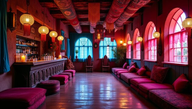 Vibrant Bohemian Bar Rich Jewel Toned Color Palette and Hanging Tapestries