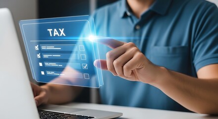 Man Submitting Digital Tax Form Online via Laptop with Touch Interface, Indicating Completion and Compliance (85-115 Chars)