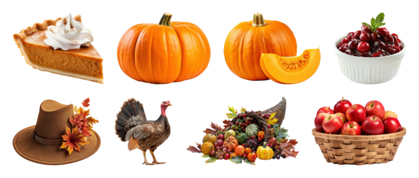 PNG Thanksgiving harvest feast symbols, element set on transparent background