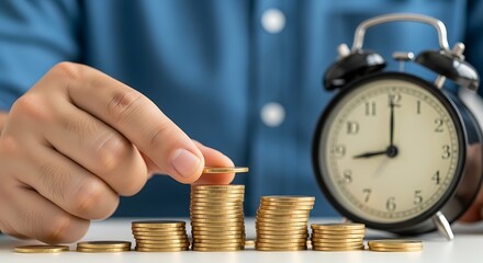 Time Is Money: Hand Stacking Gold Coins Next to Clock, Representing Financial Growth and Investment Timeline
