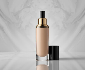 Luxury Glass Foundation Bottle Mockup with Black Cap and Elegant Gold Accents, Realistic Cosmetic Packaging Design for Premium Beauty Branding