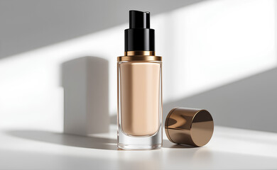 Luxury Glass Foundation Bottle Mockup with Elegant Gold Cap and Golden Accents, Realistic Premium Cosmetic Packaging for High-End Beauty Branding