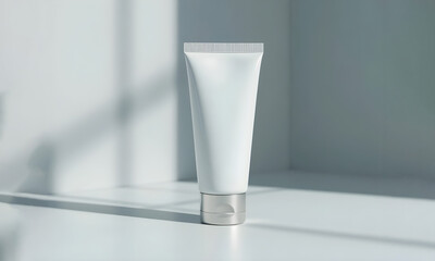 Realistic Mockup of White and Light Blue BB Cream Tube with Silver Cap, Elegant Cosmetic Packaging Design for Modern Beauty and Skincare Branding