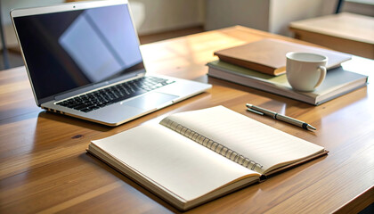 Workspace Simplicity: Laptop, Notebook, and Coffee on Wooden Desk