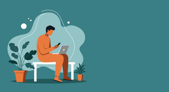 Young man multitasking, working on laptop and checking phone in a relaxed, green setting. Perfect for remote work, digital nomad, and business concepts.