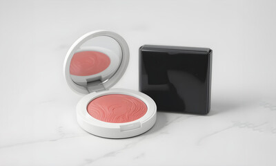 White Blush On Compact Case Mockup with Black Packaging Box, Realistic Cosmetic Product Design for Elegant Makeup and Beauty Branding