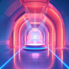 3D Render Blue Neon Abstract Tunnel with Ultraviolet Light – Futuristic Nightclub Interior and Fashion Stage