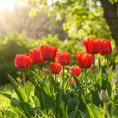 Red tulips in garden sunlight