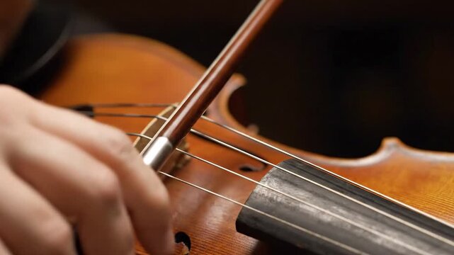 Close up of a violin bow playing the strings of a violin.