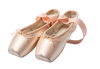 A pair of pink satin ballet pointe shoes with ribbons isolated on transparent background, perfect for dance class or stage performance