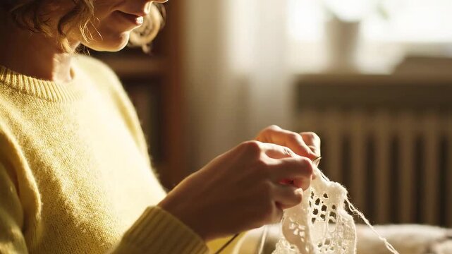Close up of a womans hands skillfully crocheting a white lace pattern.