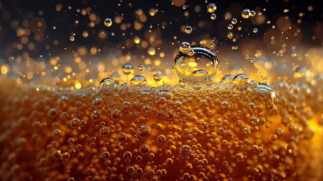Close-up of golden beer with bubbles rising to the surface. The foam creates a textured appearance against a dark background
