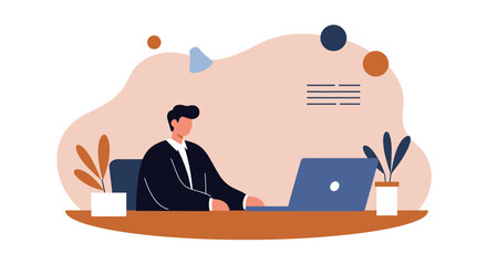 Fototapeta premium Professional man working on a laptop at a desk, representing productivity, remote work, and modern business operations.