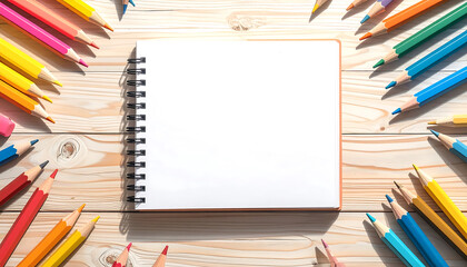 Fototapeta premium Blank Sketchbook Surrounded by Colored Pencils on Wood