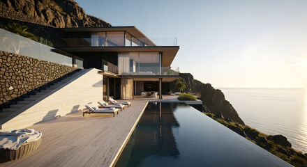 Fototapeta premium Luxury Cliffside Villa with Infinity Pool Overlooking the Ocean at Sunset