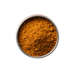 Top View of Orange Spice Powder in a Metal Container on White Background seasoning ingredient