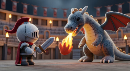 Stuffed Knight Facing Fire-Breathing Dragon in Arena, Fantasy Battle Scene