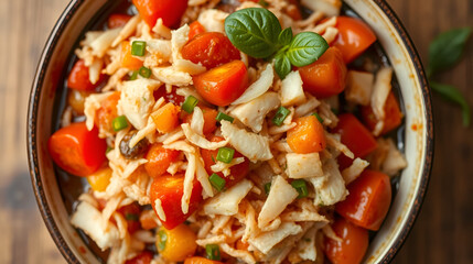 Ajoarriero is a traditional Spanish dish made with shredded salt cod tomatoes garlic onions and red and green peppers shown in a close up bowl from above