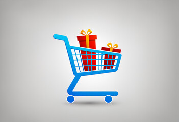 shopping cart with two wrapped presents inside