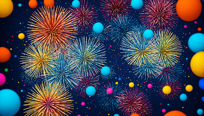 a vibrant and colorful stylized illustration of fireworks and spheres on a dark blue background