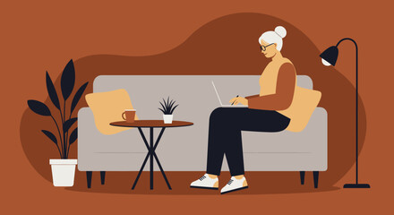 Mature woman working on a laptop from her sofa at home. Depicts remote work, modern lifestyle, digital connectivity, and comfortable living.