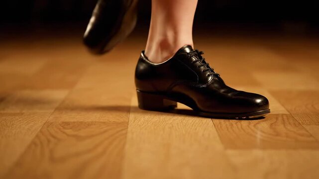 Close up of Irish dancer feet in black shoes on wooden floor.