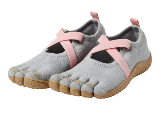 A pair of gray toe shoes with pink straps isolated on transparent background, designed for yoga, pilates, or barefoot training, offering flexibility and comfort