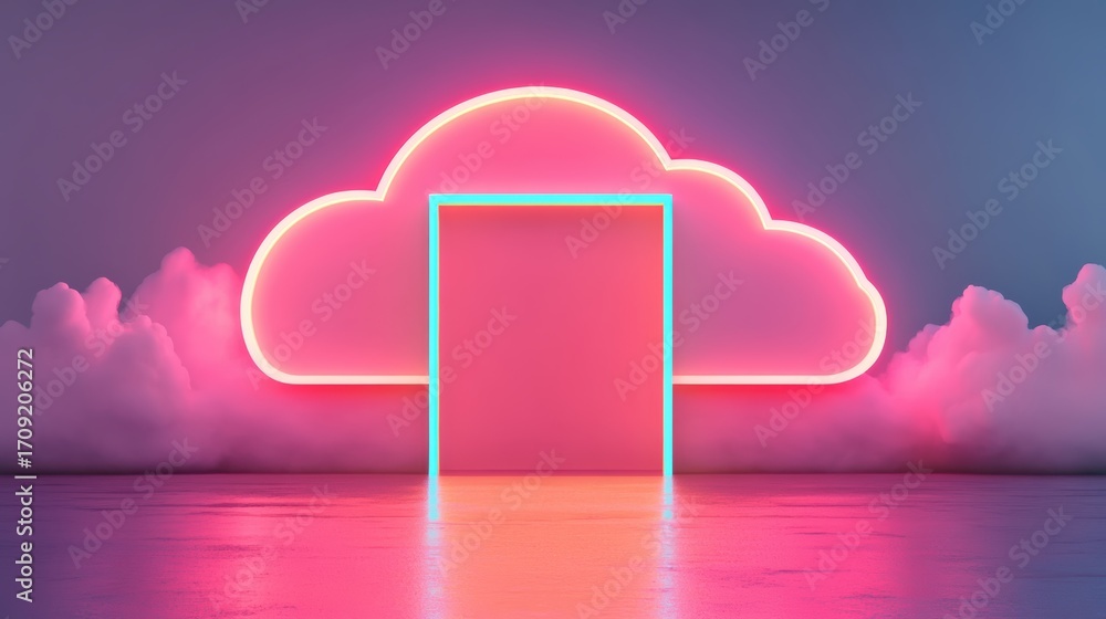 Poster a vibrant digital scene featuring a cloud-shaped neon design with a glowing doorway against a colorf