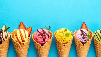 Rolled Ice Cream in Waffle Cones – Colorful Summer Dessert Flat Lay