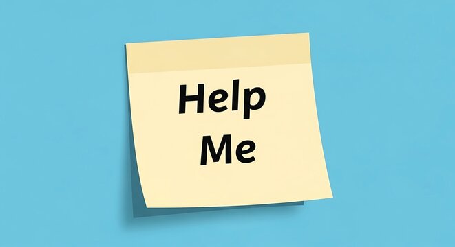 A light yellow sticky note with the words "Help Me" in bold black text, positioned against a light blue background.