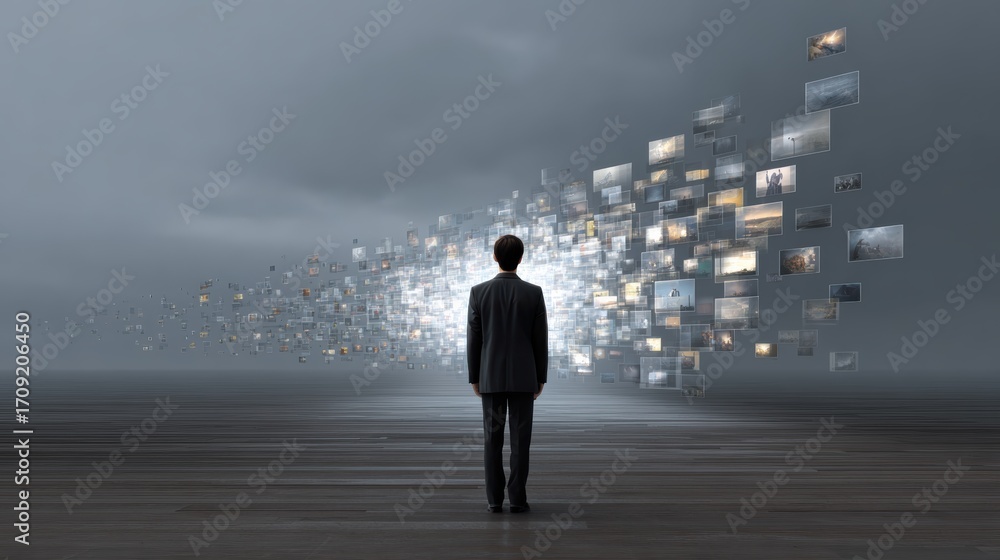 Poster a person stands in front of a digital display of images, symbolizing exploration of information and 