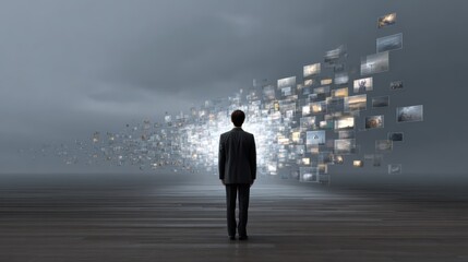 A person stands in front of a digital display of images, symbolizing exploration of information and technology in a surreal, abstract environment.