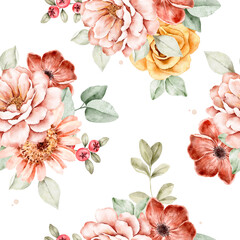 Seamless floral pattern with roses, peonies, and yellow blossoms in autumn tones. Ideal for textile, stationery, wallpaper, or gift wrapping projects. Part of Golden Hour set. White background