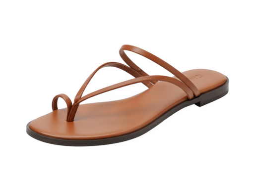 Elegant brown leather toe ring sandals isolated on transparent background, featuring a minimalist design and comfortable flat sole for summer fashion