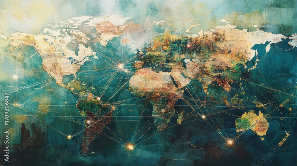 Poster an artistic map of the world featuring vibrant colors and connecting lines, symbolizing global conne