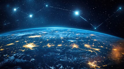 Fototapeta premium A stunning view of Earth from space, showcasing illuminated cities against a backdrop of stars and cosmic beauty.