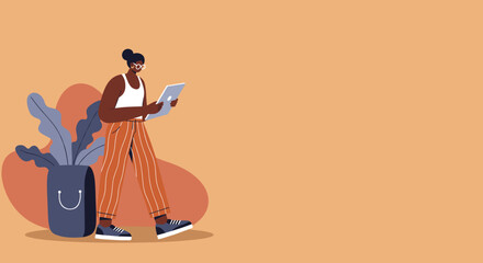 A modern person is walking while engrossed in their tablet, showcasing a contemporary digital lifestyle with a casual and creative vibe.