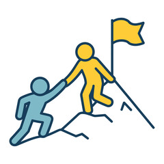Obraz premium Two stick figures climbing a mountain helping each other reach the summit with a flag