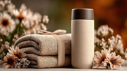 Light Beige Speckled Thermos with Linen Towel and Flowers in Warm Brown Tones