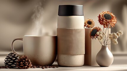 Thermos with Brown Decorative Band, Steaming Cup, Pinecones, Coffee Beans and Dried Flowers in Warm Beige