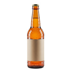 Amber beer bottle with blank label isolated on transparent background