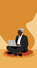 Focused senior Black businesswoman working remotely on her laptop. Emphasizes productivity, digital literacy, and modern work-life balance from home.