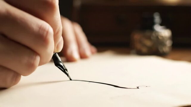 Close-up of a hand writing with a fountain pen on paper, creating a single line of ink.