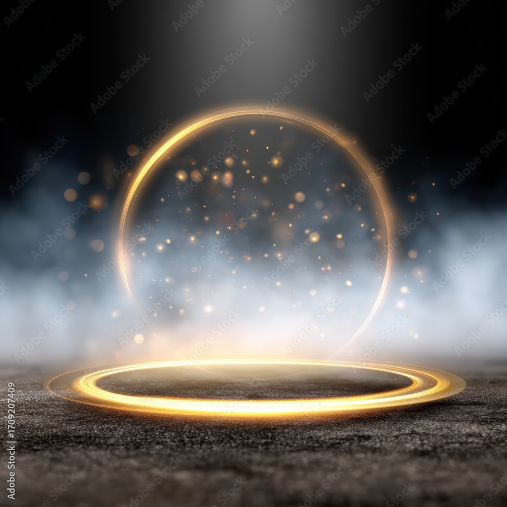 Poster a glowing circular portal emits golden light and sparkles, surrounded by a misty background, creatin